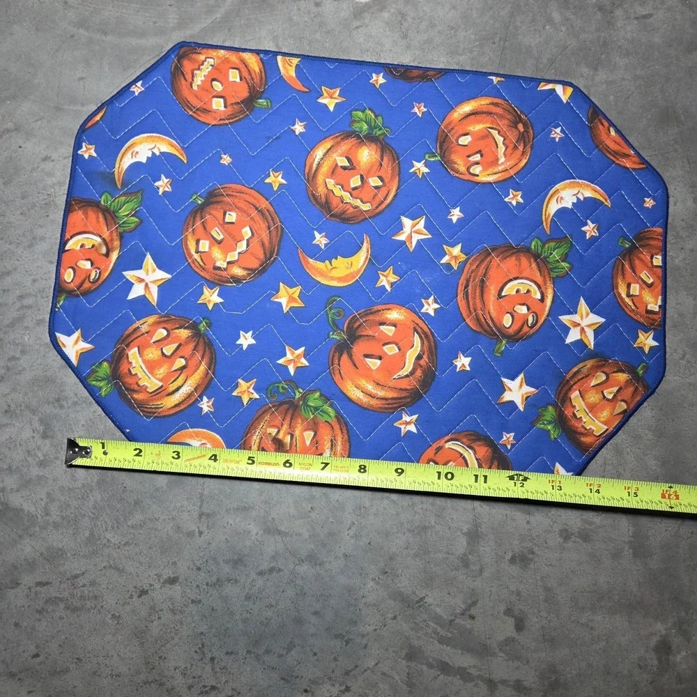 Set of 4 Vintage Halloween Jack-O'-Lantern Quilted Fabric Placemats Pumpkin Moon